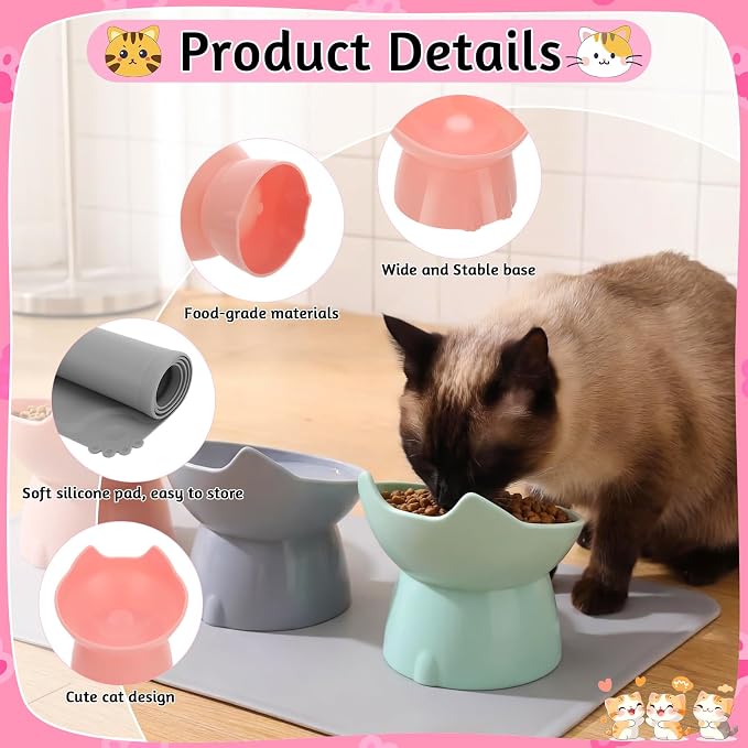 3 Pcs Elevated Cat Bowls 15°Raised Cat Food Bowl with Silicone Mat Pink | Whisker Friendly Anti Vomiting Cats Dishes Pet Food and Water Bowls for Indoor Cats Kittens - Image 5