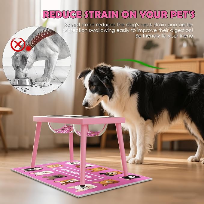 Adjustable Elevated Dog Bowl Stand with Slow Feeder, 2 x 58oz Stainless Steel Bowls, Raised Food and Water Holder for Medium and Large Dogs, Pink - Image 2