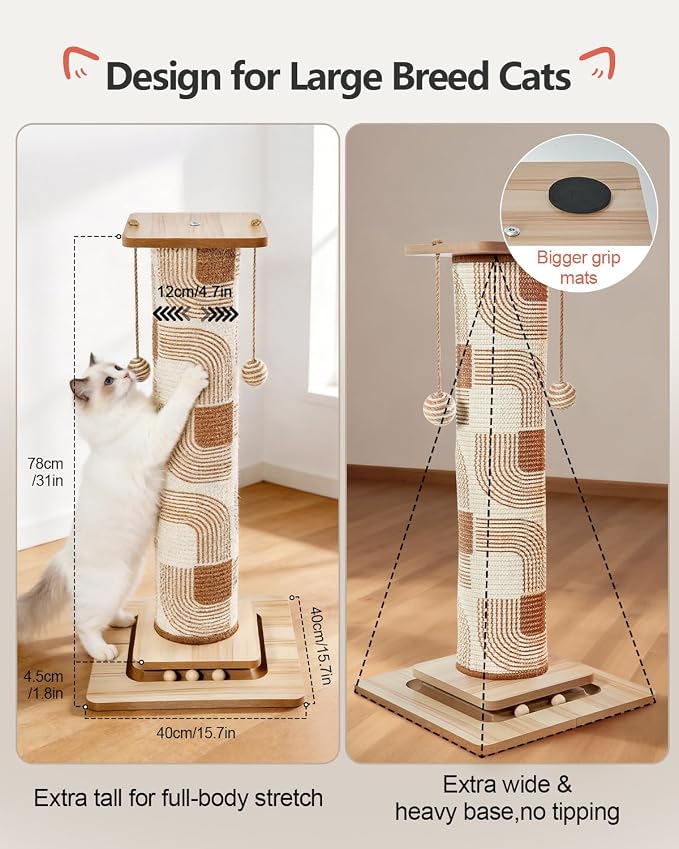 Odoland 31" Tall Large Cat Scratching Post with Replaceable Scratcher Pad | Natural Sisal, Solid Wood Base, Sturdy Durable Replaceable Pad, Interactive Track, Top Perch, Indoor Adult Cats Kitten - Image 2