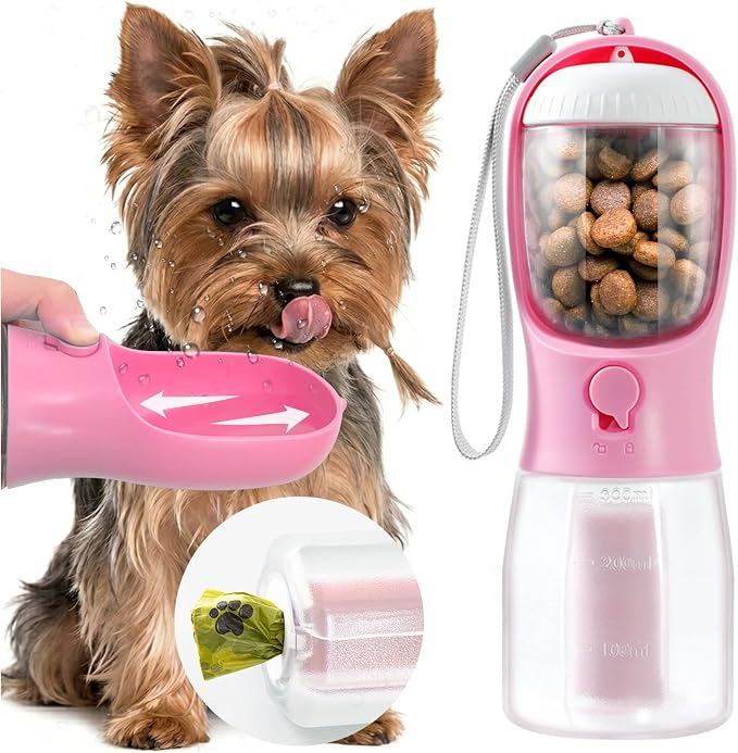 Portable Water Bottle for Small Dogs, 3 in 1 Pet Travel Bowl Dispenser with Food Treat Container & Poop Bag Holder, Summer Hiking Walking Accessories for Puppy On The Go - Pink, 10oz by MoonyMars