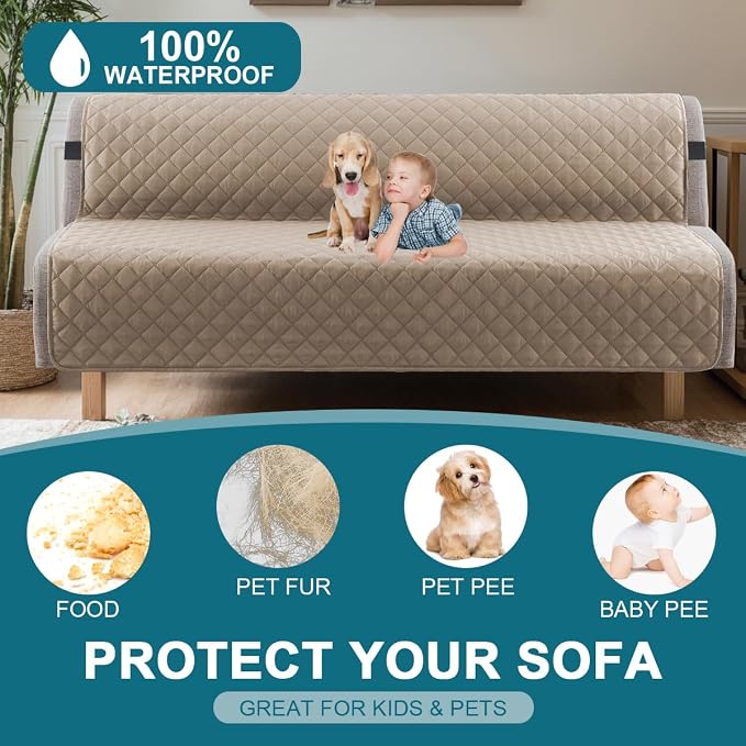 Turquoize 100% Waterproof Futon Cover Futon Slipcover Washable Armless Sofa Bed Slipcover Protector Seat Width Up to 70" with Adjustable Elastic Strap Anti-Slip for Dogs, Khaki - Image 2