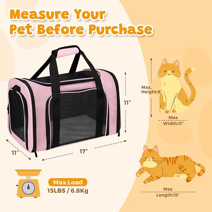 Cat Carrier Soft Up to 16 Lbs, Breathable Pet Travel Bag with Steel Frame | Lockable Zippers, Fits Small Dog, Kitten, Puppy,Rabbit,Medium Travel Carrying Case for Kennel Car Airline Transport，Pink - Image 2