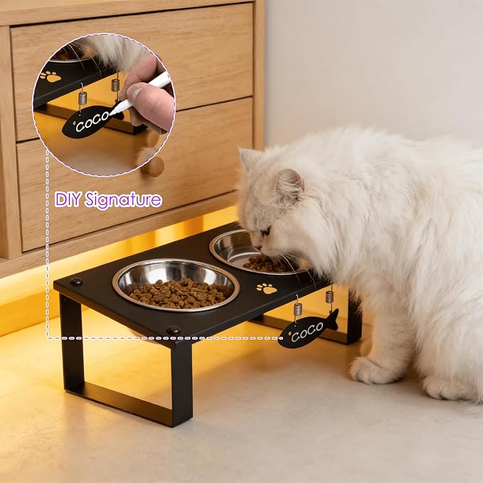 Elevated Cat Bowls with Splash Proof Mat for Kitten Puppy, 10° Tilted Raised Cat Bowl Stand Anti-Vomiting, 2 Wide Shallow Stainless Steel Bowls, Whisker Friendly, 3.5" Tall - Image 4