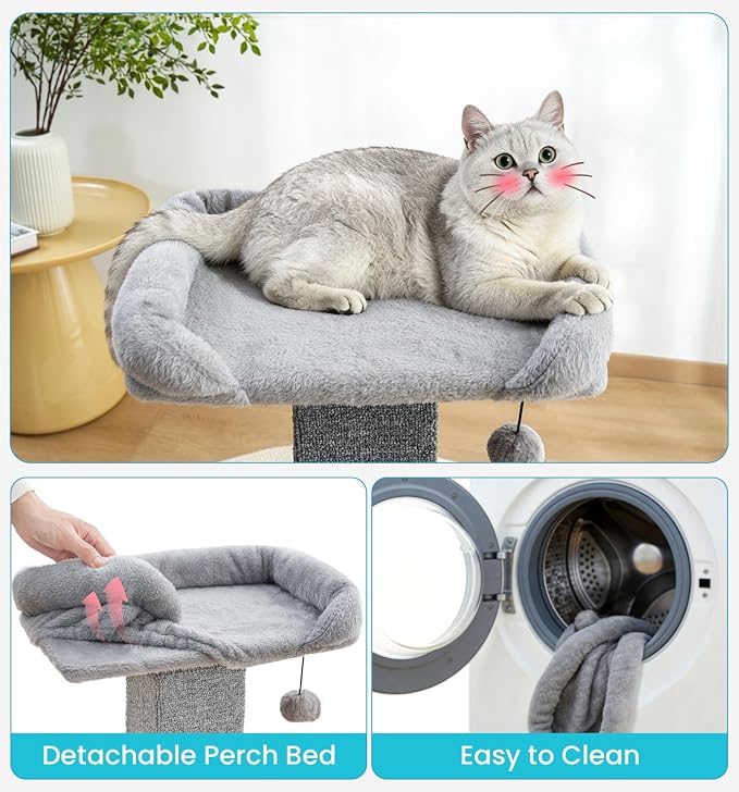 Made4Pets 32" Carpet Cat Scratching Post with Bed for Indoor Cats, Grey | Carpet Cat Scratcher, Raised Perch with Removable Washable Cover, Wide Base, Hanging Ball, Compact Indoor Design - Image 6