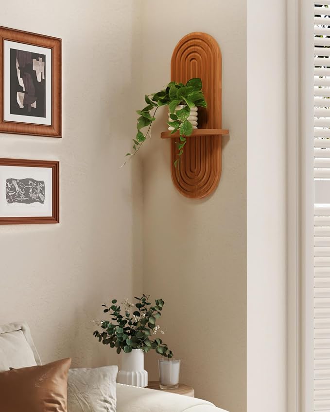 Bamworld Boho Wall Decor Plant Wall Shelf Wooden Plant Holder Brown | Mid Century Modern Decor Hanging Plant Shelf Wood Floating Shelves for Home Bedroom Living Room Holding Planter Decoration - Image 5