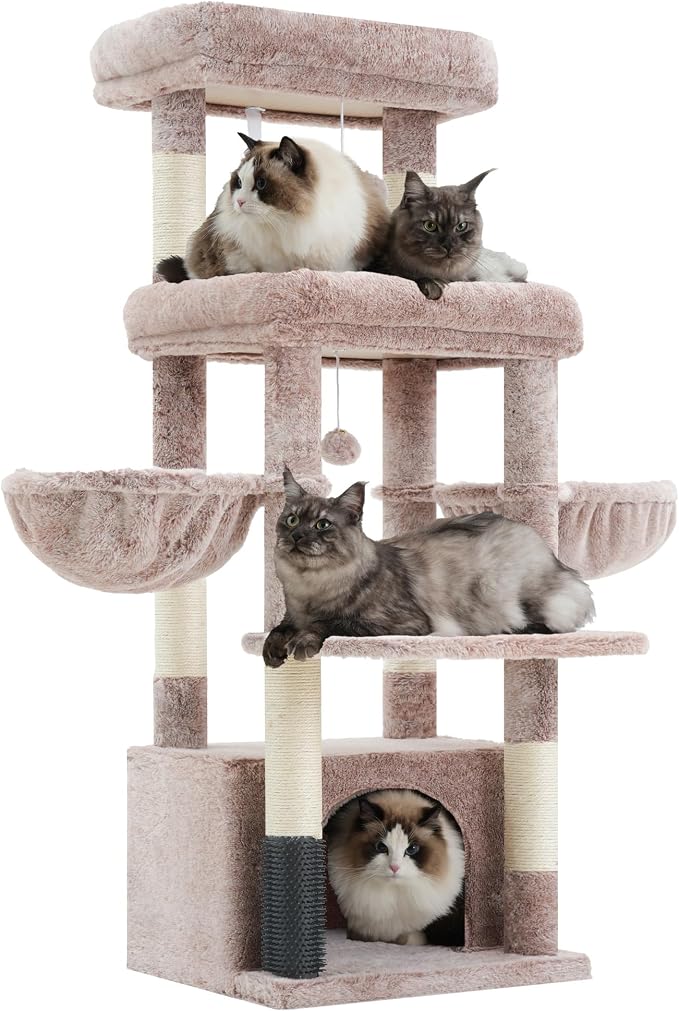 Hey-brother Cat Tree Tower with Extra Large Platform, Big Condo, MPJ070MU | 51.1 Inches Scratching Posts with 2 Cozy Hammocks, Self-Grooming Brush for Indoor Adult Cats, Maine Coon, Muchroom by Hey-brother