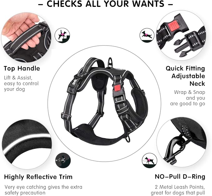 PoyPet Dog Harness Large, No Pull Vest with Front/Back Clip & Neck Buckle | No Choke, Lockable, Reflective, 2 Lead Rings, Adjustable, Soft Padded Handle for Training Walking, L, Black - Image 5