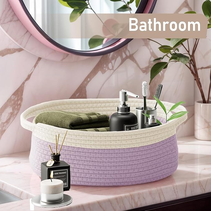JMvicyroam Small Woven Basket, Empty Gift Basket, White&Purple/1 Pack | Small Gift Basket, Cotton Rope, 12 x 8 x 54 in, Handles, Includes Ribbon and Bag, Birthday Gift Basket - Image 8
