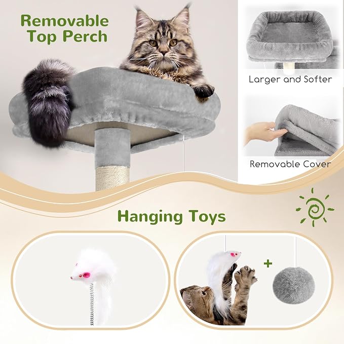 Globlazer Sturdy Cat Tree for Indoor Cats 20 lbs, S68, Cloud Grey | 68-inch Large Cat Tower for Adult Big Cats, Heavy Duty Cat Tree with Extra Large Platform, 5 Scratching Post - Image 5