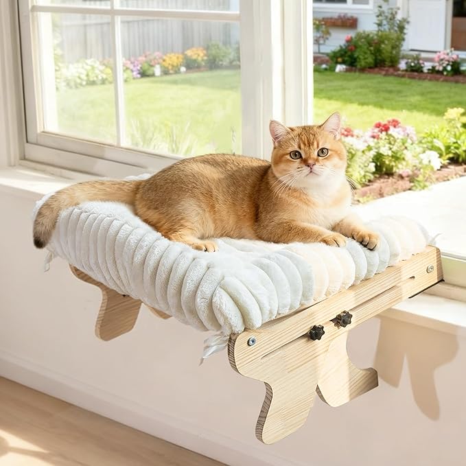 Large Wooden Velvet Cat Window Perch Bed, White | Sturdy Wooden Frame, Removable Machine Washable Cover, Window Sill Hanging, All Seasons Comfort by WOOCHPET