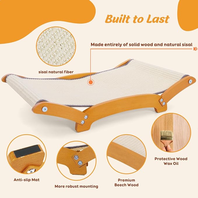 Sisal Cat Scratcher Bed for Indoor Cats, 26.3in Wooden Scratching Board | Natural Sisal Fiber,Solid Wood Frame,Cat Hammock & Lounger,Scratch Pad for Large Cats,Space-Saving,Multi-Cat households,Beige - Image 3