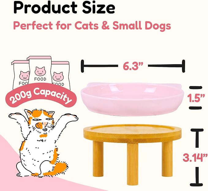 Elevated Ceramic Cat Bowls with Bamboo Stand for Cat Bowl, Whisker Friendly Shallow Cat Plate, Stable Raised Cat Food Riser for Indoor Cats (Pink+Yellow, Plates with Stands(Set of 2)) - Image 2
