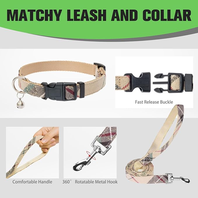 Plaid Small Dog Harness and Leash Set with AirTag Holder - Soft Padded Step in Dog Vest Harness Medium Sized Dog, No Pull Reflective Puppy Harness, Collar and Leash for Walking, Khaki XXS - Image 8