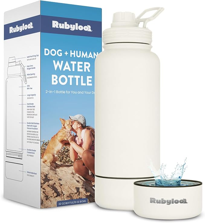 Rubyloo Dog Water Bottle with Detachable Bowl for Dog Lovers, Solid Cream | 32oz Insulated Stainless Steel Bottle, 8oz Detachable Bowl, Leak-Proof Lid, BPA-Free, Hiking, Walking, Travel, Gift by Rubyloo