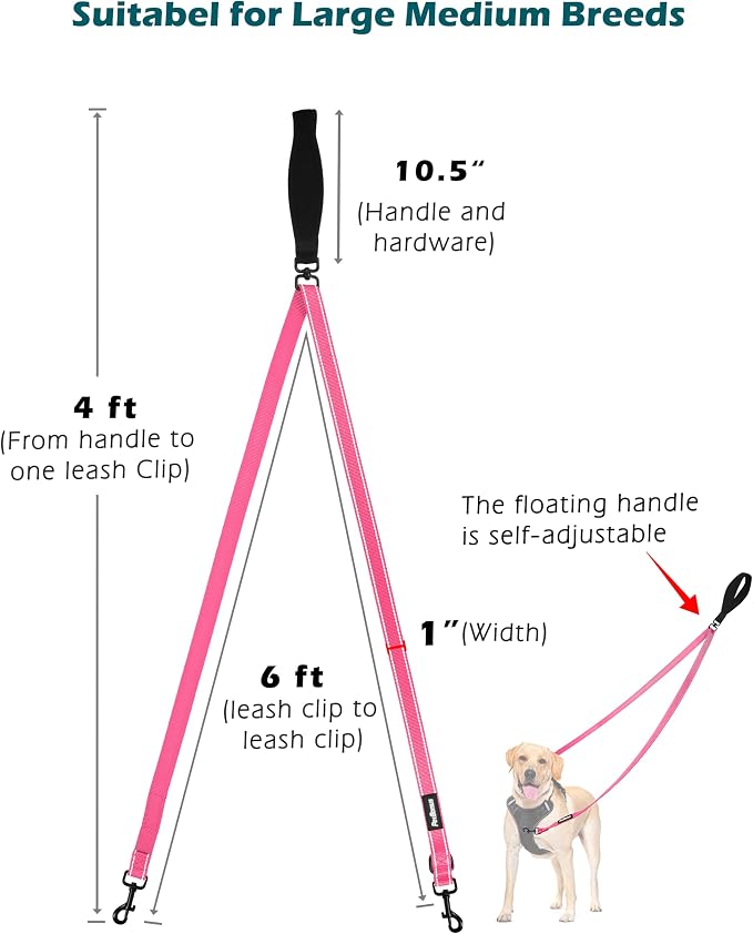 PetBonus Two Point Control Dog Leash, No Tangle Training Walking Leashes | Soft Padded Handle, Reflective, Works with No Pull Harnesses, Converts to Single Lead for Medium Large Dogs, Pink - Image 4