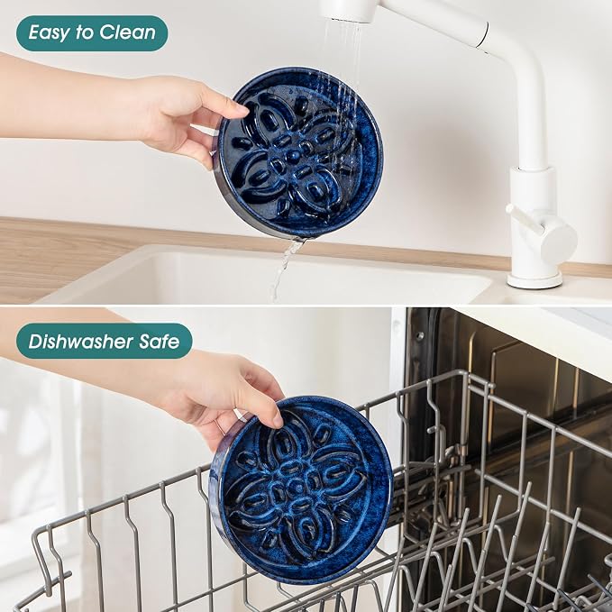 vancasso Ceramic Slow Feeder Dog Bowls, Puzzle Dog Food Bowls with Floral Maze, Anti -Slip Pet Food Dish for Small Breed, 0.6 Cups, Blue - Image 5