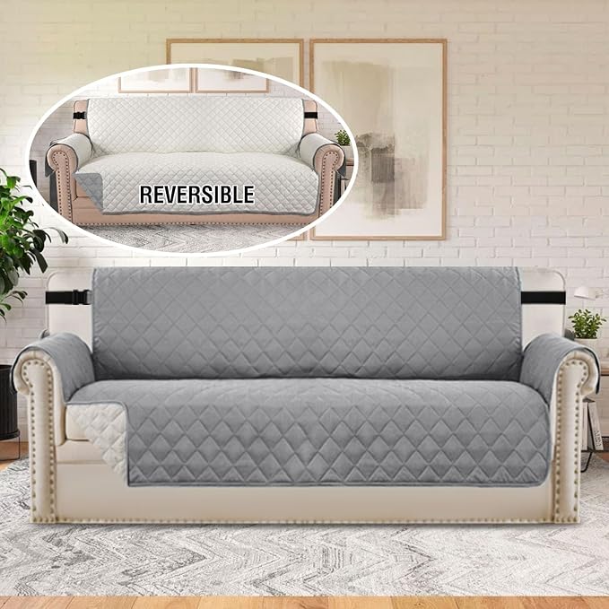 Sofa Protector for Dogs/Cats/Pets Sofa Slipcover Quilted Furniture Protector with Non Slip Elastic Strap Water Resistant Sofa Covers Couch Covers Seat Width: 78" (Oversized Sofa, Light Grey/Beige) - Image 3