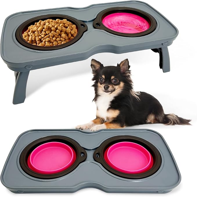 PINVNBY Elevated Dog Bowls Portable Raised Dog Bowl Stand with 2 Collapsible Silicone Food Bowl Non-Slip Travel Bowls for Small Dogs and Cats (14.6" L x 3.9" W x 3.9" H) by PINVNBY