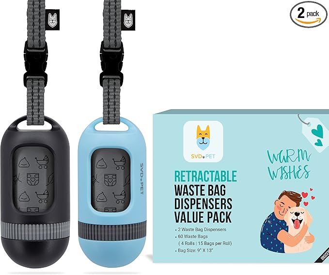 SVD.PET 2-Pack Pet Retractable Waste Bag Dispensers, Black & Columbia Blue | 2 Dog Poop Bag Holders, 60 Large Leak-proof Bags, Dog Walking Accessory by SVDPET
