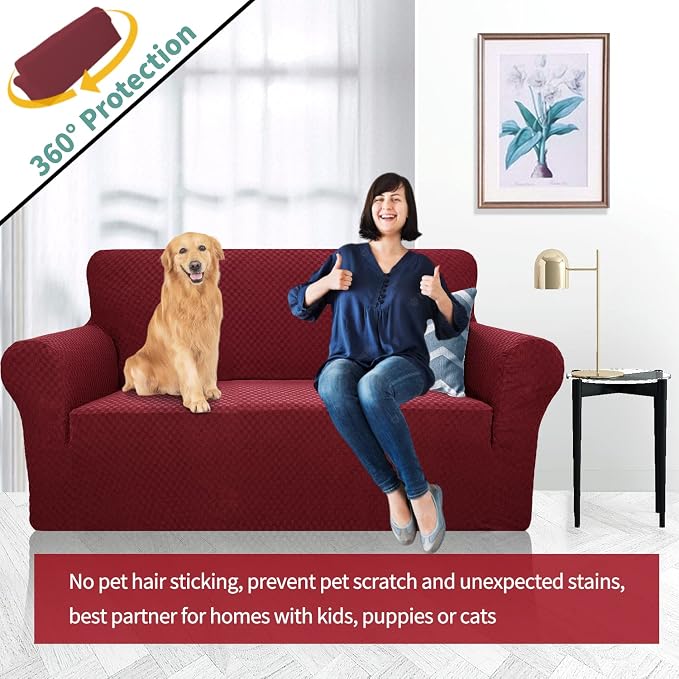 YEMYHOM Couch Cover Latest Jacquard Design High Stretch Sofa Covers for 2 Cushion Couch, Pet Dog Cat Proof Loveseat Slipcover Non Slip Magic Elastic Furniture Protector (Loveseat, Christmas Wine Red) - Image 2