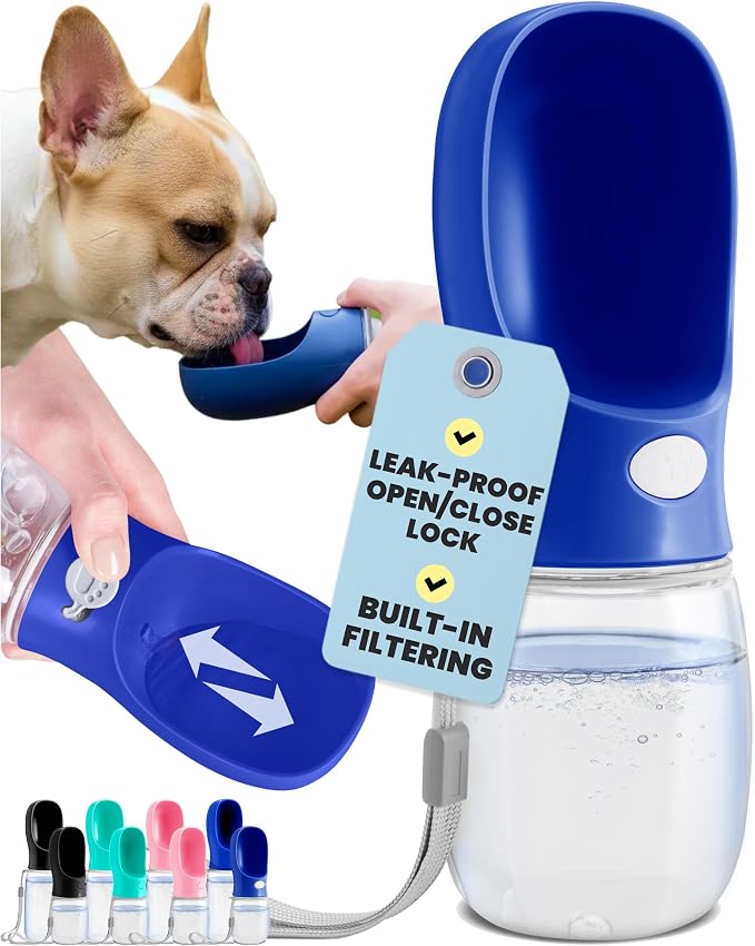 MalsiPree Dog Water Bottle Dispenser - 12 oz Navy Blue, Leak-Proof | 12oz leak-proof bottle & bowl - one-hand use - Use for dog walks, travel, hiking, park & beach days by MalsiPree