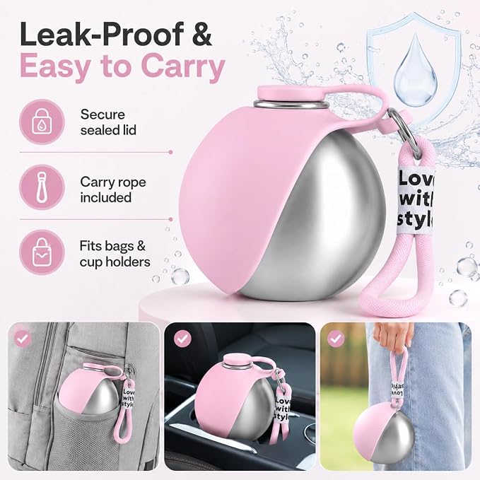 Portable Pet Dog Water Bottle with Silicone Collapsible Bowl, 10 oz Pink | Stainless Steel Pet Travel Dispenser with Rope | Dogs on Walks Hiking Accessories | Puppy Small Pets Essentials - Image 6