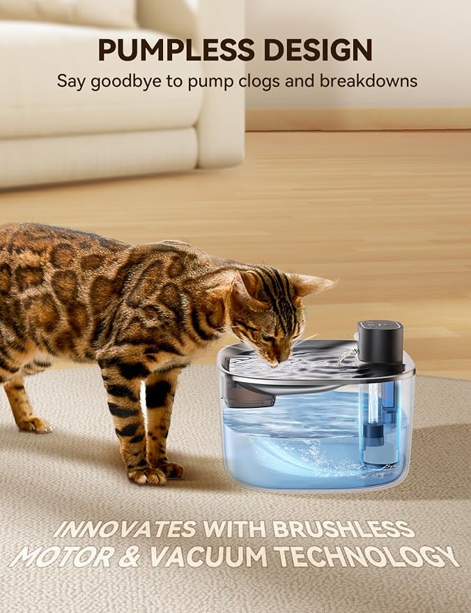 FEELNEEDY Wireless Cat Water Fountain, No Pump for Easy Cleaning, 4000mAh Detachable & Rechargeable Battery, Motion Sensor with Low Water & Power Alerts - Includes 6 Filters (4L/135oz) - Image 2