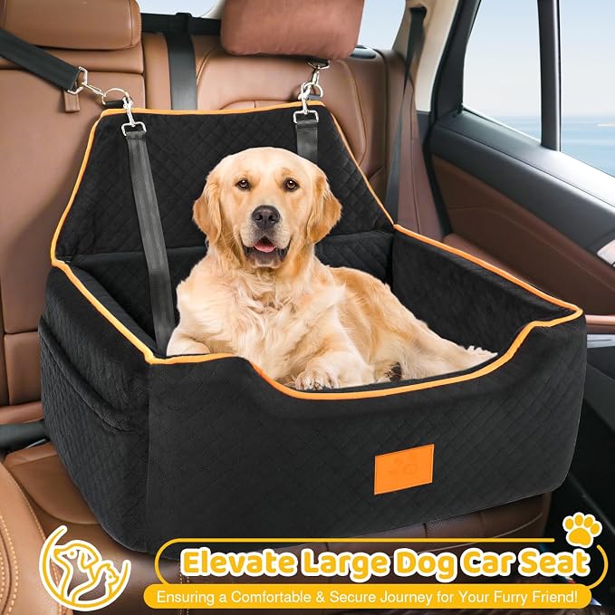 XIEEAOZEE Dog Car Seat for Large/Medium Dog, Booster Seat for Dogs Under 55Lbs or 2 Small, Detachable and Washable Travel Pet Seat with Thick Cushion and Storage Pockets (Black) - Image 2