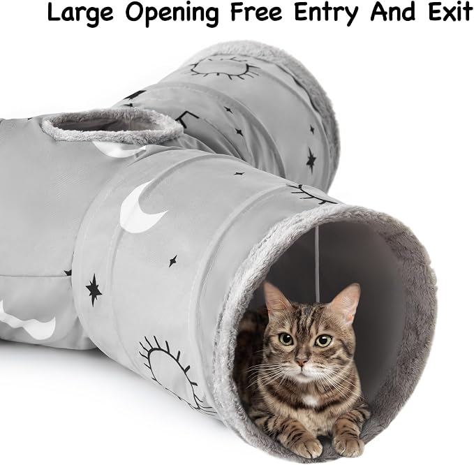 Tempcore Cat Tunnel for Indoor Cats, 3 Way Collapsible Pet Play Tunnel with Teaser Wand, Peek Holes & Hanging Ball, Interactive Tube for Kittens & Rabbits, Grey Sun - Image 4