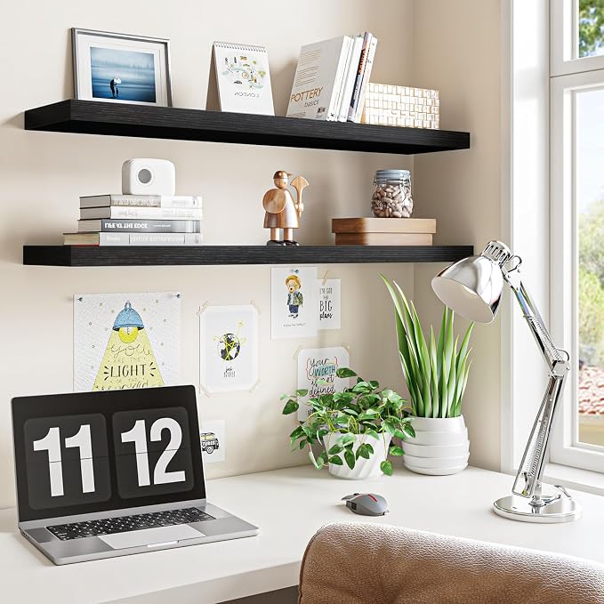 Fixwal Floating Wall Shelves for Decor (Black, Set of 2, 35.4Inch) | MDF Shelf with Metal Brackets, Space Saving for Books , Decor, Fits Bathroom, Kitchen, Bedroom, or Office - Image 4