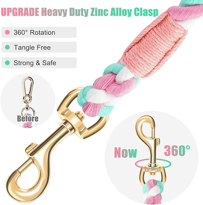 6 FT Handmade Rope Dog Leash for Small Medium and Large Dogs | Soft and Comfortable Grip, New Golden Heavy Duty Metal Clasp, Cherry Blossom Pink - Image 4