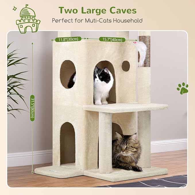 Globlazer Cat Tree Tower for Indoor Cats, 50-inch Adult Cat Tree House for Large Adult Cats with Steps, Scratching Post, 2 Cat Caves, Dangling Toys, FC50, Beige - Image 4