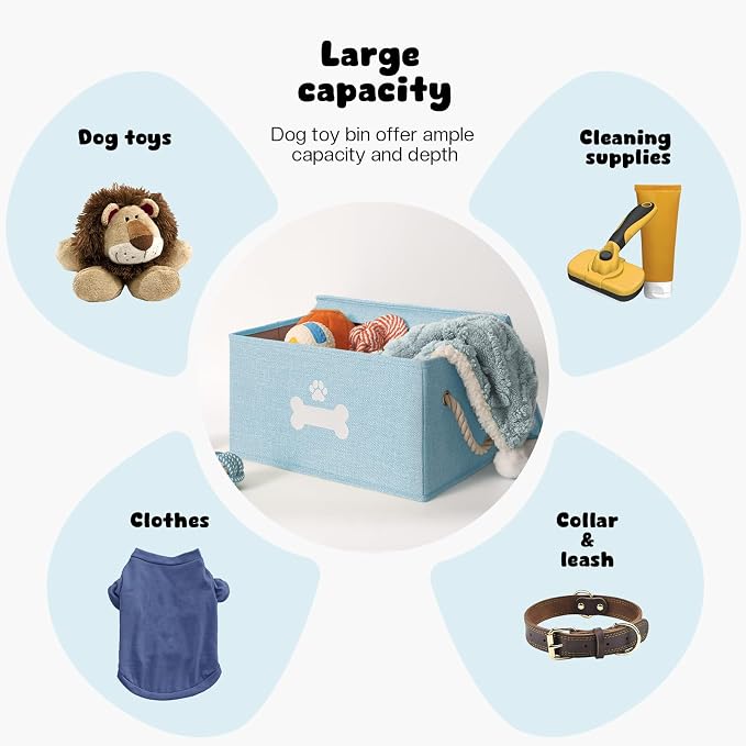Dog Toy Basket with Lid, Dog Basket for Toys, Dogs Toy Box with Cotton Rope Handles, Collapsible Storage Bins for Pet Toys, Dogs Storage Organizer, Blue - Image 4