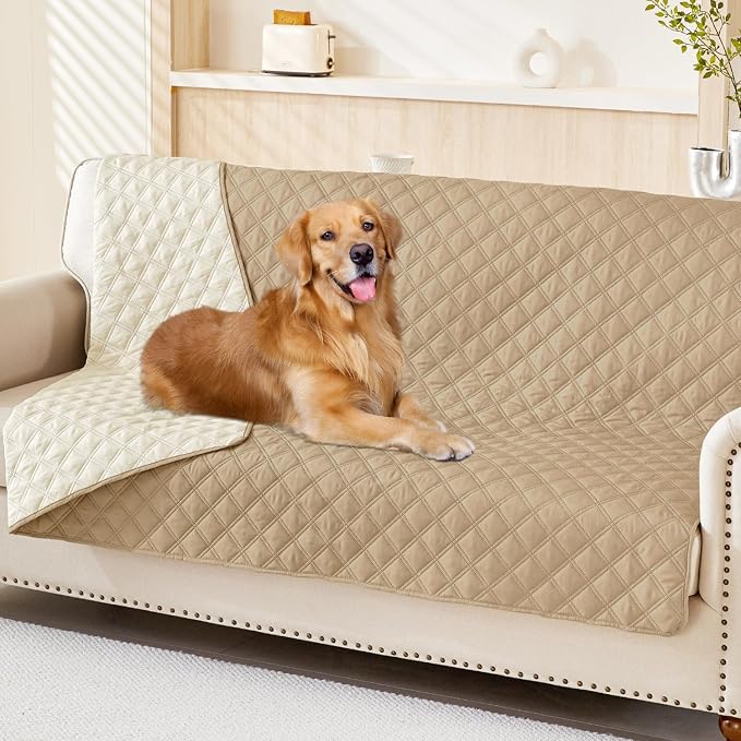 Smiry Waterproof Reversible Pet Couch Covers for Dogs | Pet Friendly, Soft Fabric, Washable Sofa Furniture Protector for Dogs Cat Kids, Checkered (52"x82", Camel/Beige) by Smiry
