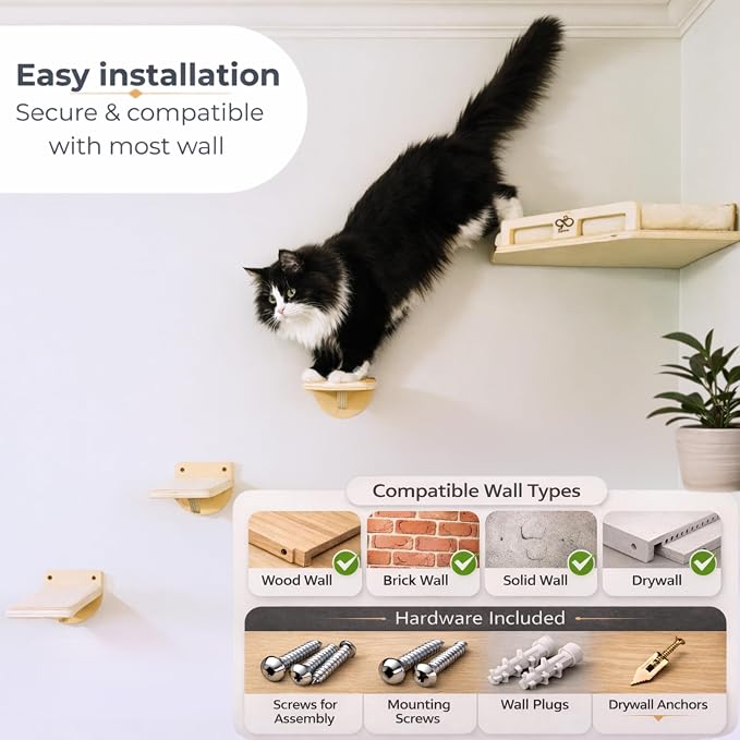 Cat Wall Shelves, Solid Wood Corner Bed, 3 Steps, Up to 25 lb, Wood | Cushion included; 2 washable covers, cotton and plush; secures across two walls - Image 4