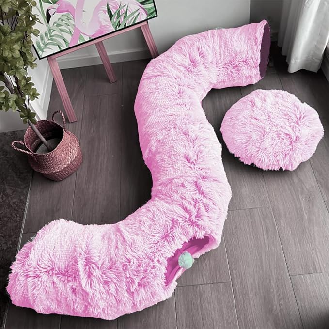 Cat Bed Tunnel Tube Toy Pink Plush | Collapsible Round Tunnels for Indoor Cats, Interactive Toys Play Tubes with Hanging Ball for Kitten, Puppy, Rabbit - Image 5