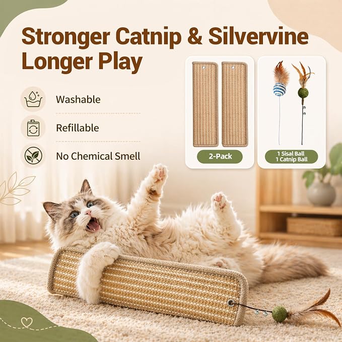 (2-Pack) Catnip Kicker Toys for Indoor Cats, Refillable with Silvervine Blend Refills, Each Toy Includes Sisal Ball & Catnip Ball, Durable Chew Toy for Aggressive Cats - Image 5