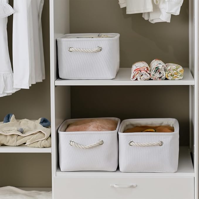 TheWarmHome Decorative Basket for Organizing - Medium-1Pack 13.8L*9.8W*6.7H Rectangular Fabric Storage Bin Organizer Basket with Handles for Clothes (White) - Image 2