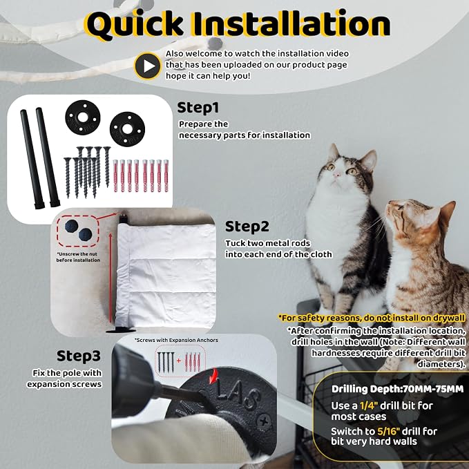 Cat Hammock Wall Mounted, 22.44 x 13.78 in (Soft & Warm Fabric) | Washable Replacement Cloth, For Medium-Sized cats, Wall Mounted Cat Shelves for Sleeping, Playing, Climbing and Resting - Image 8