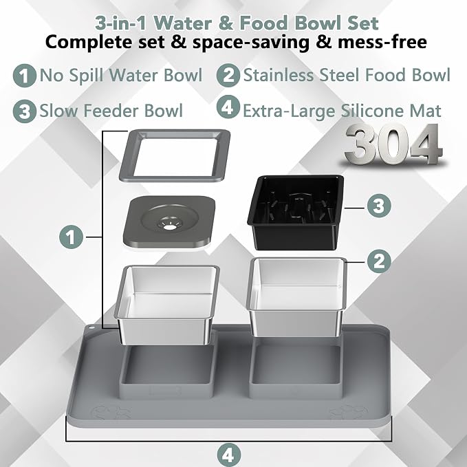 Dog Bowl Set, No Spill Dog Water and Food Bowl with Slow Feeder | Large Capacity 304 Stainless Steel Bowls, 3-In-1 Set, Slow Drinking, Anti-Slip Mat, Easy to Clean, Home/Travel, 6-7 Cups - Image 7