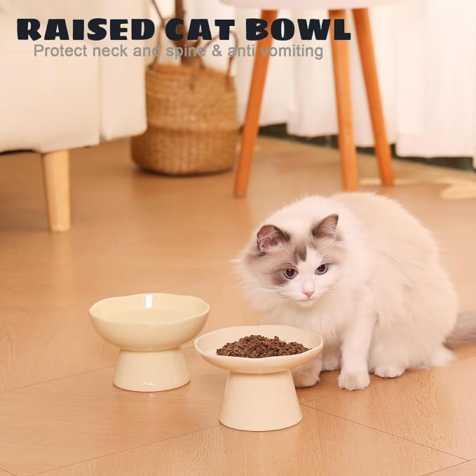 6.1" Wide 1.57" Deep Elevated Cat Bowls, Ceramic Water Bowls for Flat Faced Cats,Cat Feeder,Stress Free,Protect Cat’s Spine,Cream - Image 4
