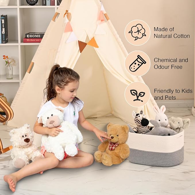 ICERZCZ Woven Cotton Rope Storage Basket for Organizing, Cute Decorative Baskets for Gifts Empty, Organizer Bins for Dog Toy, Baby Laundry, 15“×11”×9.5“, Off White & Grey - Image 6