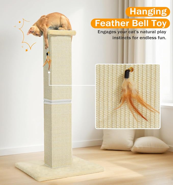 Made4Pets Cat Scratching Post for Indoor Cats, Sisal Cat Scratcher, 32" | Full Sisal Surface, Durable for Heavy Scratchers, Stable Base, Full-Body Stretching, Feather Toy for Kittens & Adult Cats - Image 7