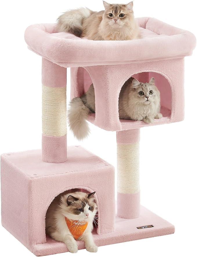 Feandrea Cat Tree, 33.1-Inch Cat Tower, Plush Condo for Large Cats up to 16 lb, Large Perch, 2 Caves, Scratching Post, Jelly Pink UPCT061P01 by FeandreabySONGMICSHOME