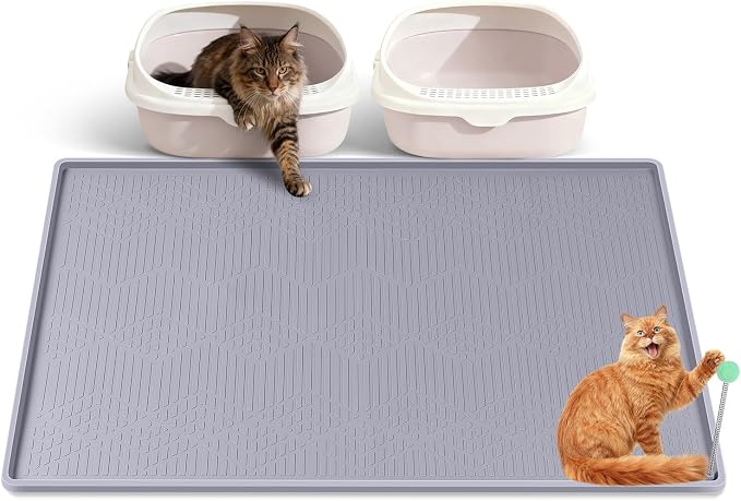 Silicone Cat Litter Box Mat 38'' x 25'' Cat Mat with Toy, Grey | Extra Large Litter Mat with lip, Non-Slip Waterproof Cat Litter Mat Litter Trapping Mat for Floor, Easy to Clean by Bartuke