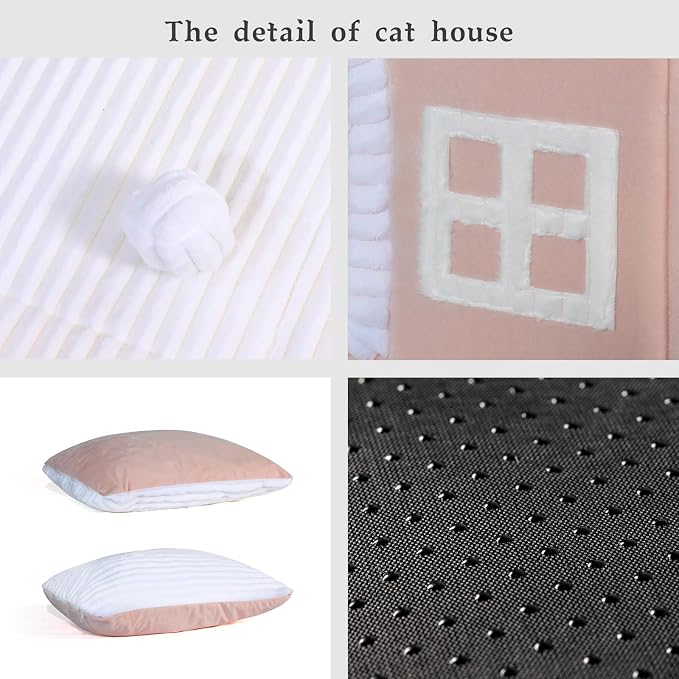 Rabbit Cat House for Indoor Cats, Cute Covered Cat Bed with Spacious Interior, Pet Cave Bed Up to 3-15 Lbs Kitten, Pink - Image 4