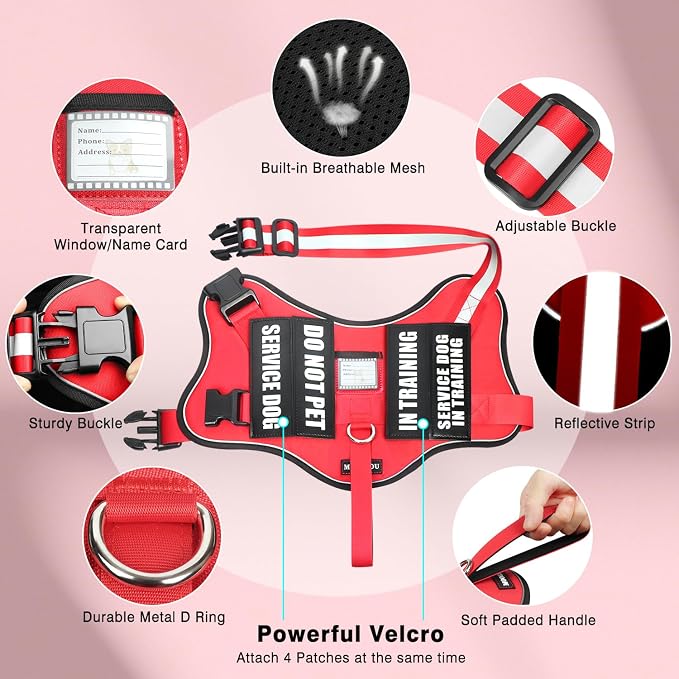 Service Dog Vest Harness and Leash Set+10 Patches,No Pull&Adjustable Reflective Dog Harness with Soft Padded Handle for Training/Everyday,Fit Small/Medium/Large/Extra-Large Dogs (Red S) | Adjustable Reflective Service Dog Harness Small Sized,Dog Leash ... - Image 5