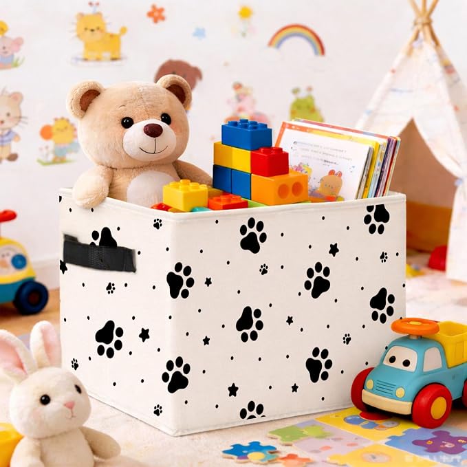Paw Print Storage Bin, Foldable Fabric Organizer | Black paw print storage bin with stars and dots for toys, books, clothes, pet items, shelves, closets, and rooms. - Image 2