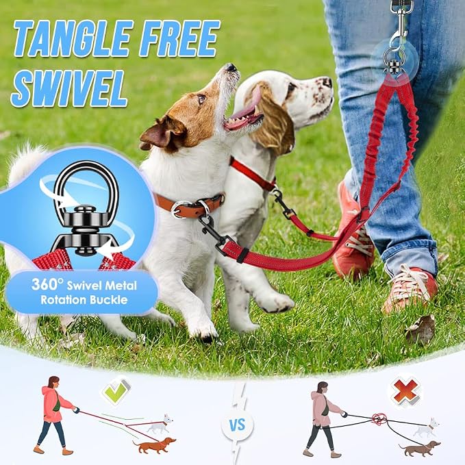 AUTOWT Double Dog Leash, No Tangle 360° Swivel Rotation Reflective Lead Attachment Adjustable Length Dual Two Dog Lead Splitter, Comfortable Shock Absorbing Walking Training for 2 Dogs Red - Image 6