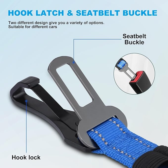 IOKHEIRA Dog Seat Belt 3-in-1 Car Harness for Pets Adjustable Safety Seatbelt Nylon Reflective Bungee Fabric Dog Car Harness with Clip Hook Latch & Buckle, Swivel Zinc Alloy Carabiner (Bule) - Image 2